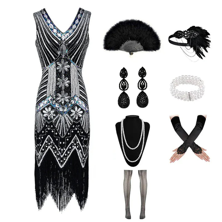 Déguisement flapper femme, vue de face, robe années 20 style Gatsby avec sequins et franges.
