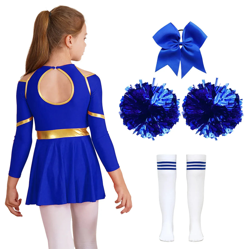 Costume Pompom Girl enfant complet avec robe et pompons, idéal pour spectacle de danse ou fête déguisée.