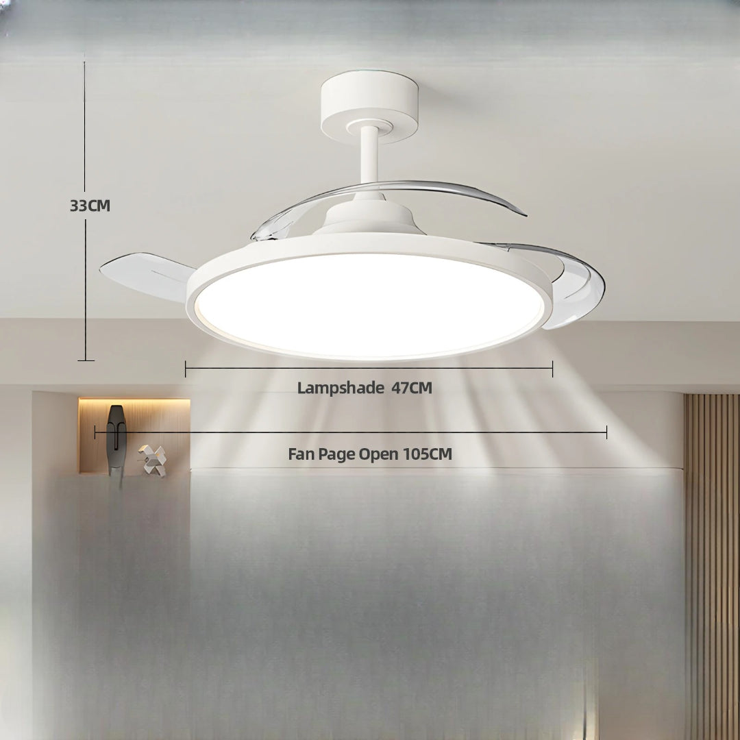 Ventilateur de plafond intelligent LED, design moderne. Éclairage et ventilation contrôlables pour un intérieur confortable.