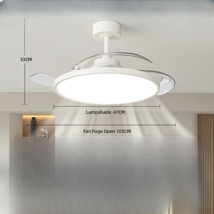 Ventilateur de plafond intelligent LED, design moderne. Éclairage et ventilation contrôlables pour un intérieur confortable.