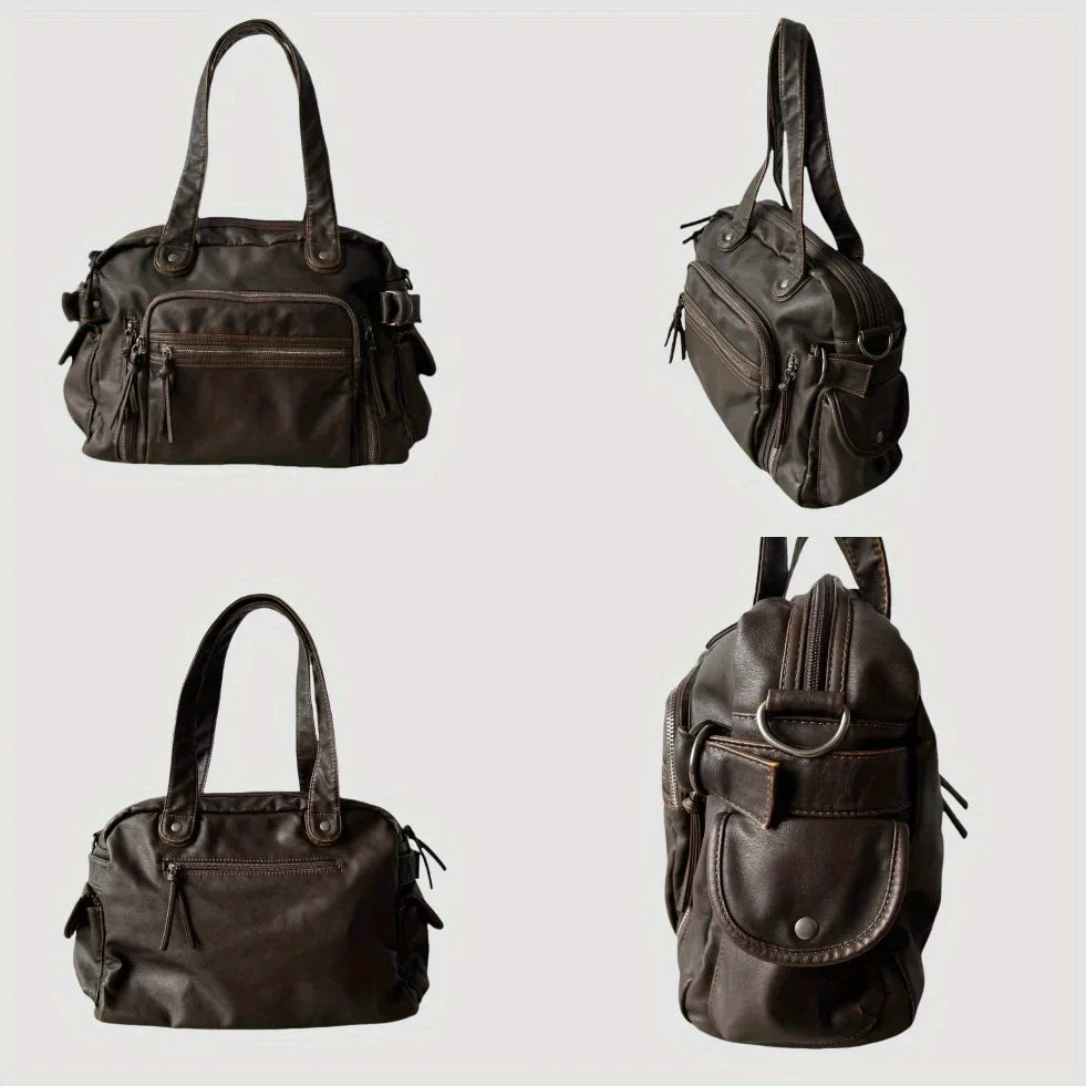 Sac bandoulière marron pour femme, grand cabas de cours en cuir synthétique, pratique pour étudiante ou usage quotidien.