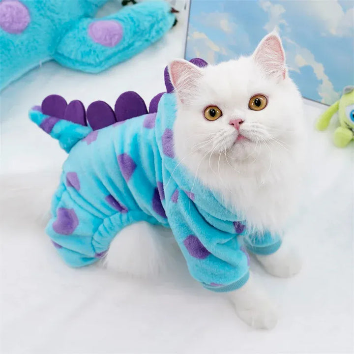Déguisement chaud de dinosaure bleu pour chat en flanelle, un costume d'hiver douillet pour votre félin.