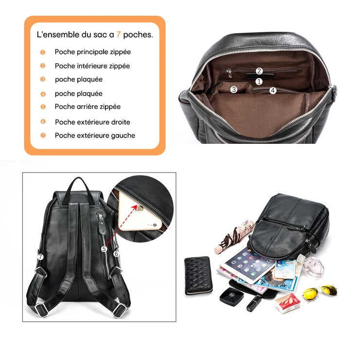 Sac à dos femme en cuir, gros plan sur les coutures robustes, attestant de sa qualité et durabilité.