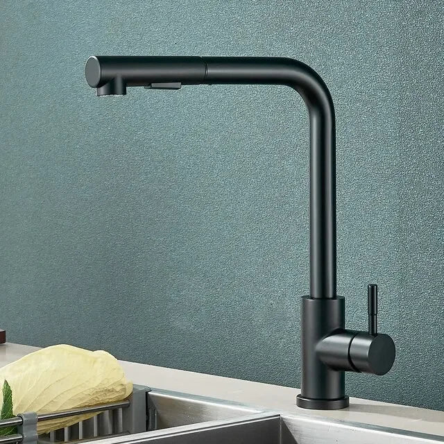 Robinet de cuisine moderne pivotant en acier inoxydable avec douchette extractible pour évier.