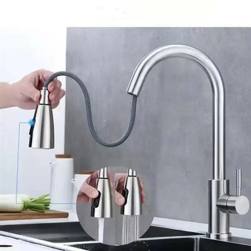 Robinet de cuisine extensible en acier inoxydable chrome, douchette intégrée. Design épuré et fonctionnel.