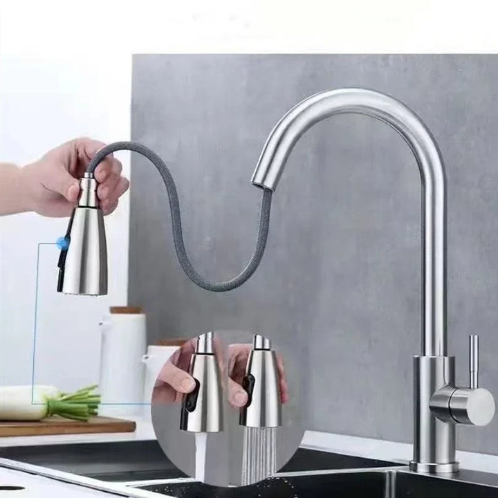 Robinet de cuisine extensible en acier inoxydable chrome, douchette intégrée. Design épuré et fonctionnel.