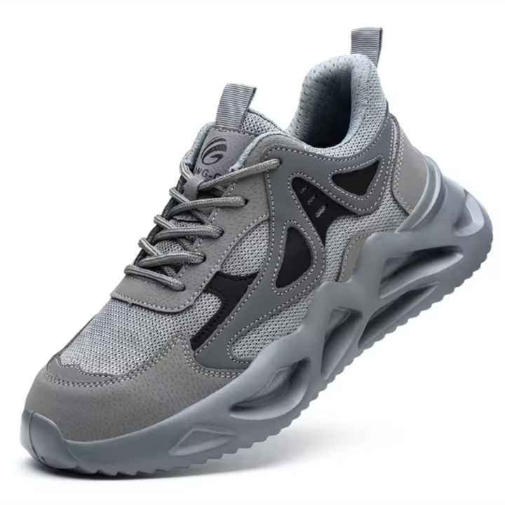 Chaussures de sécurité unisexes grises, légères, avec embout acier et semelle antidérapante pour un confort de travail.