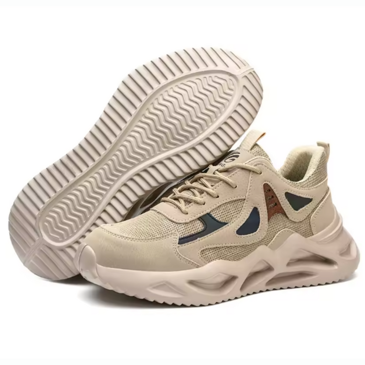 Basket de sécurité unisexe beige et grise, confortables et légères, idéales pour la protection des pieds au travail.