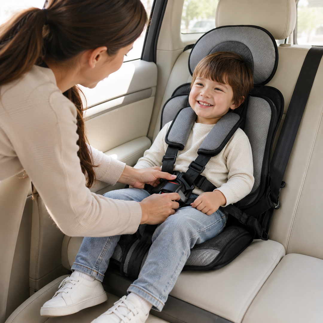 Gros plan sur le harnais de sécurité du siège auto, assurant la protection de l'enfant en voiture.
