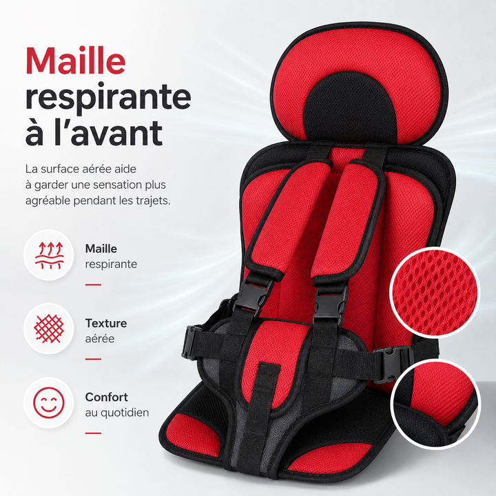 Siège auto avec harnais et rembourrage, offrant sécurité et confort aux petits voyageurs en voiture.