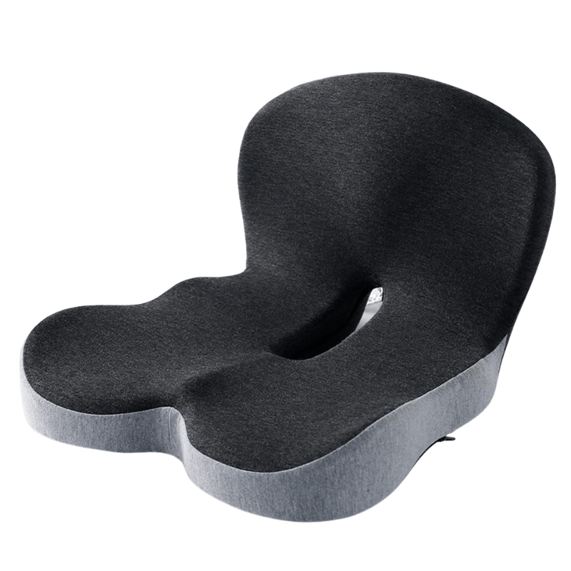 Vue latérale du coussin ergonomique d'assise, montrant son profil incurvé pour le soutien du coccyx.