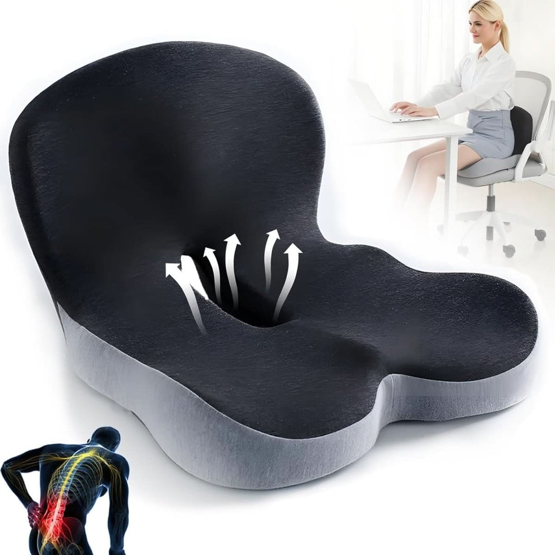Coussin d'assise ergonomique installé sur une chaise de bureau moderne, améliorant l'expérience.