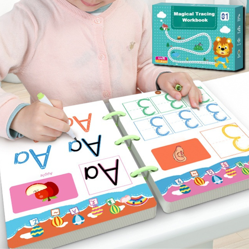 Cahier d'écriture réutilisable pour enfants, idéal pour apprendre lettres, chiffres et développer la motricité.