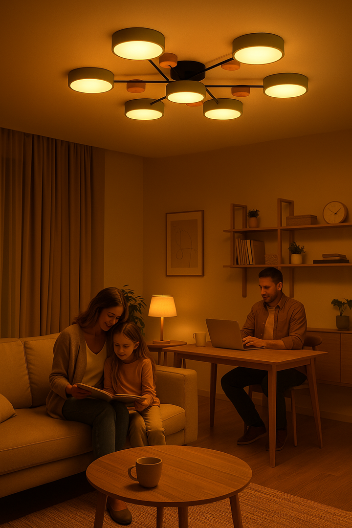 Lustre moderne LED gris, style scandinave. Éclairage de plafond pour intérieur contemporain.