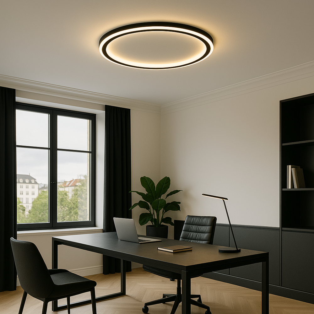 Design scandinave pour ce plafonnier LED. Dimmable, pour un salon, salle à manger, couloir.