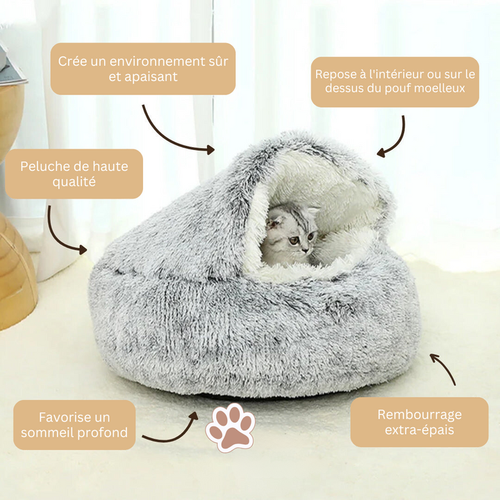 Lit chat CozyPaws design, confort et bien-être anti-stress pour animaux, lavable et pratique.
