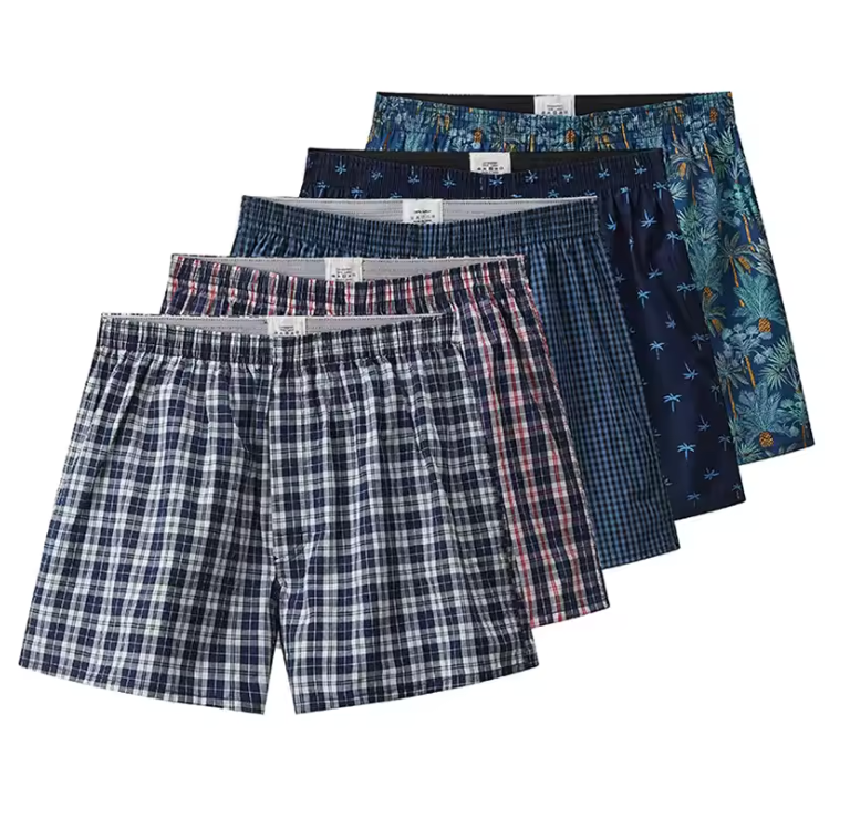 Pack de 5 boxers hommes confortables à motifs variés et styles modernes, avec ceinture élastique pour le quotidien.
