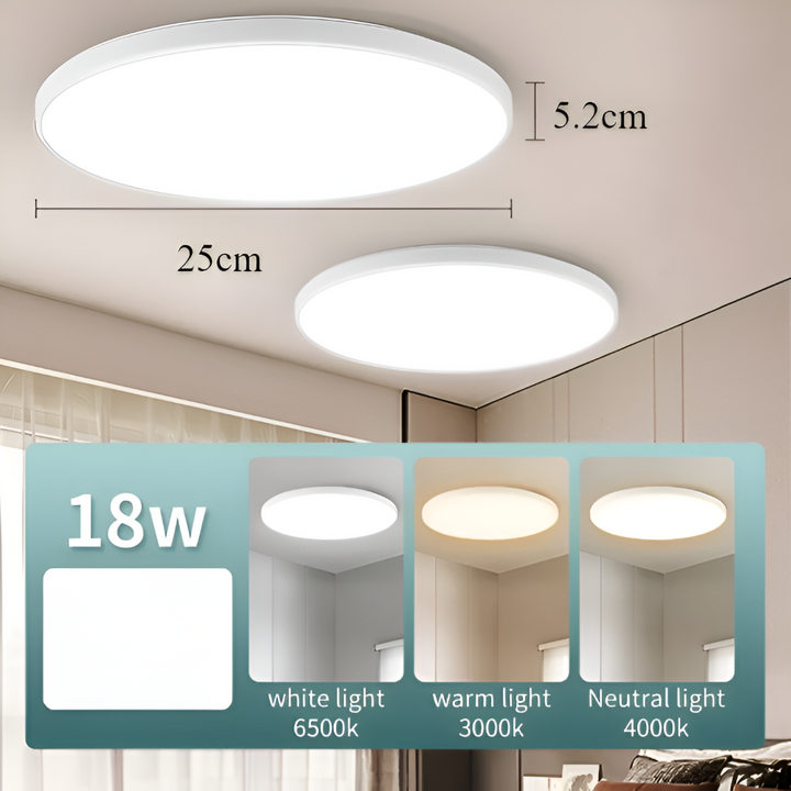 Design épuré : plafonnier LED rond et ultra fin, lumière parfaite pour cuisine ou bureau.