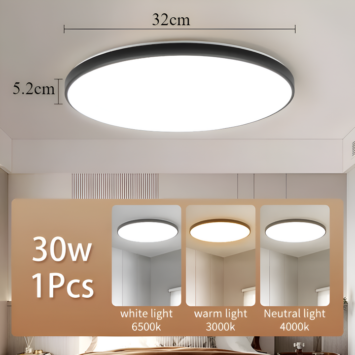 Plafonnier LED rond blanc, style moderne, fournit un éclairage intérieur efficace.