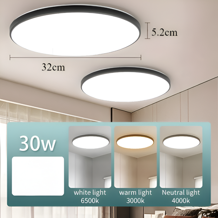 Éclairage LED contemporain : plafonnier ultra fin, rond, idéal pour une entrée lumineuse.