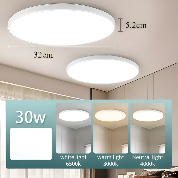 Pour un intérieur moderne : plafonnier LED rond ultra fin, éclairage économe en énergie.