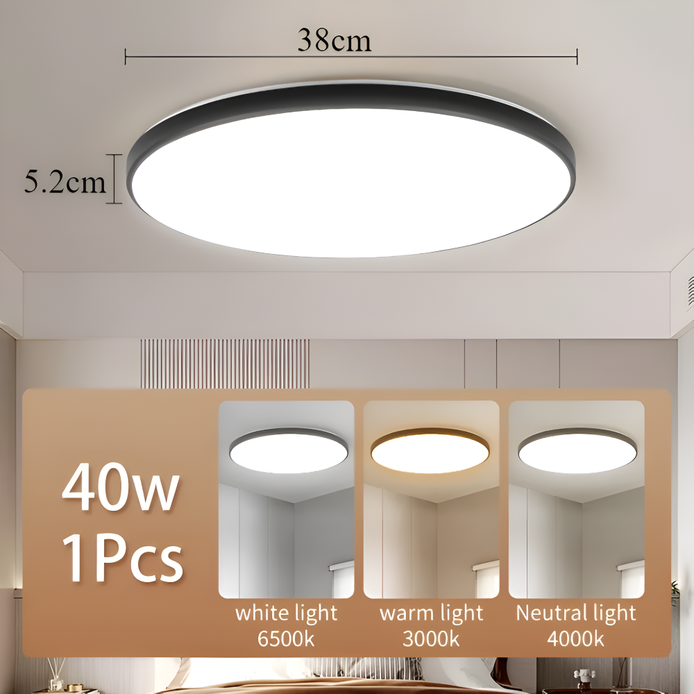 Plafonnier LED design, forme ronde, ultra fin, s'intègre parfaitement à tout décor.