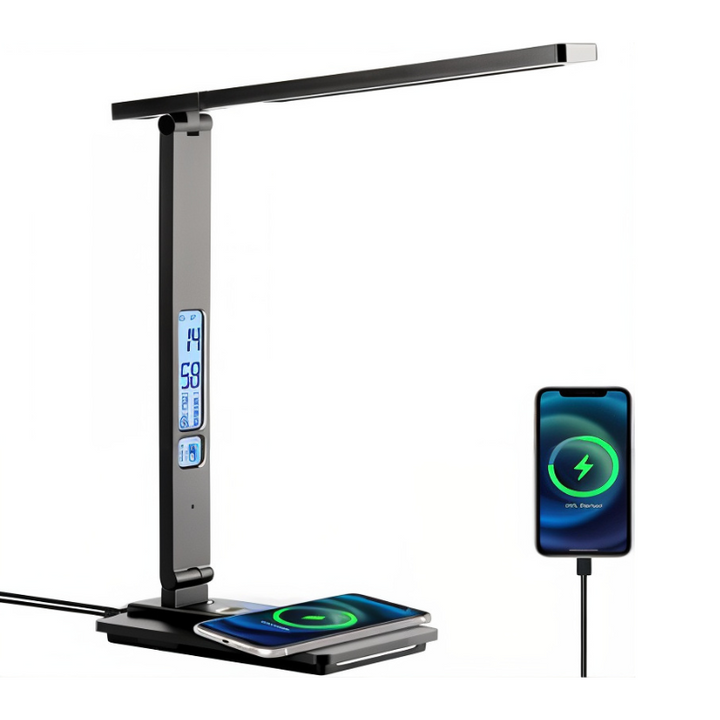 Lampe de bureau LED SmartBeam noire avec chargeur sans fil et port USB, éclairage moderne pour espace de travail.
