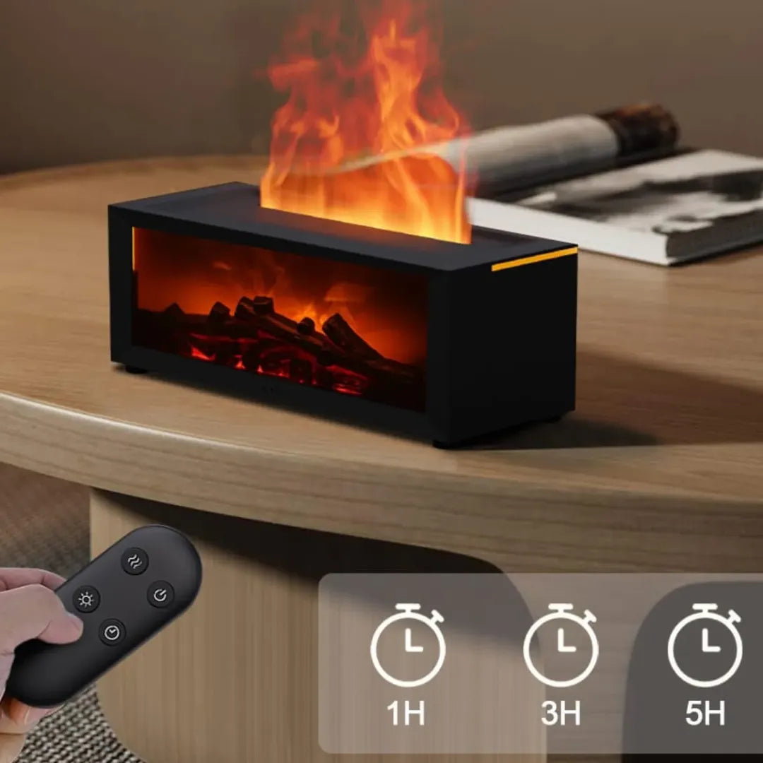 Humidificateur HearthGlow en gros plan, montrant l'effet flamme LED vibrant et l'émission de brume.