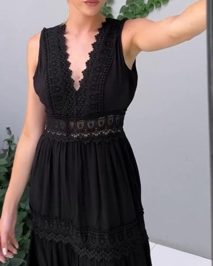 Robe midi chic femme, col V, sans manches, coupe fluide, parfaite pour les vacances d'été décontractées.