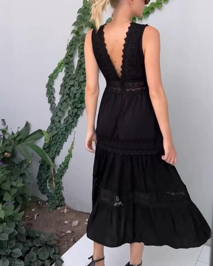 Robe midi polyvalente femme, fluide, col V, sans manches, décontractée ou élégante pour l'été.