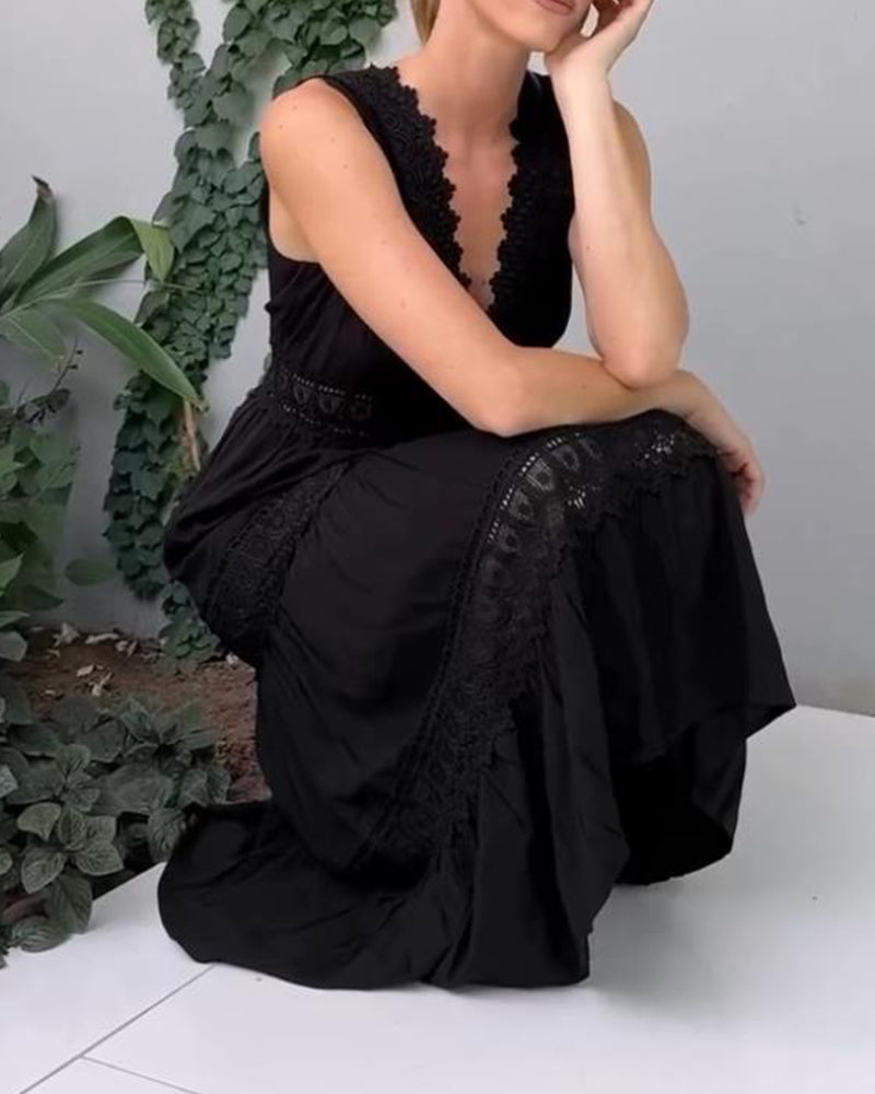 Jolie robe midi femme fluide, col V, sans manches, parfaite pour les saisons printemps-été.