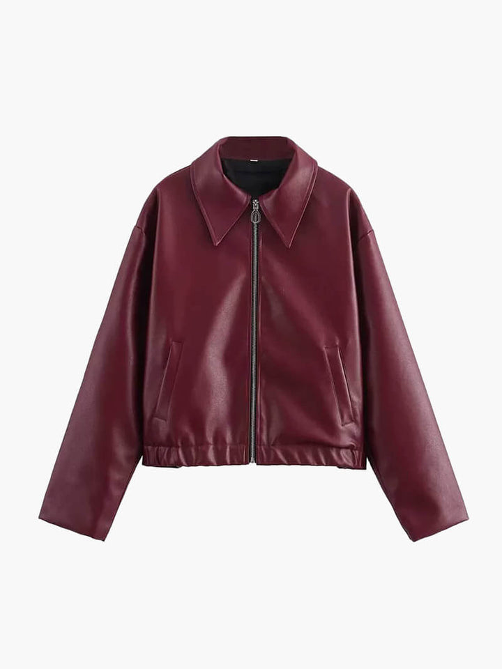 Veste oversize bordeaux zippée pour femme, parfaite pour un look urbain chic et tendance.