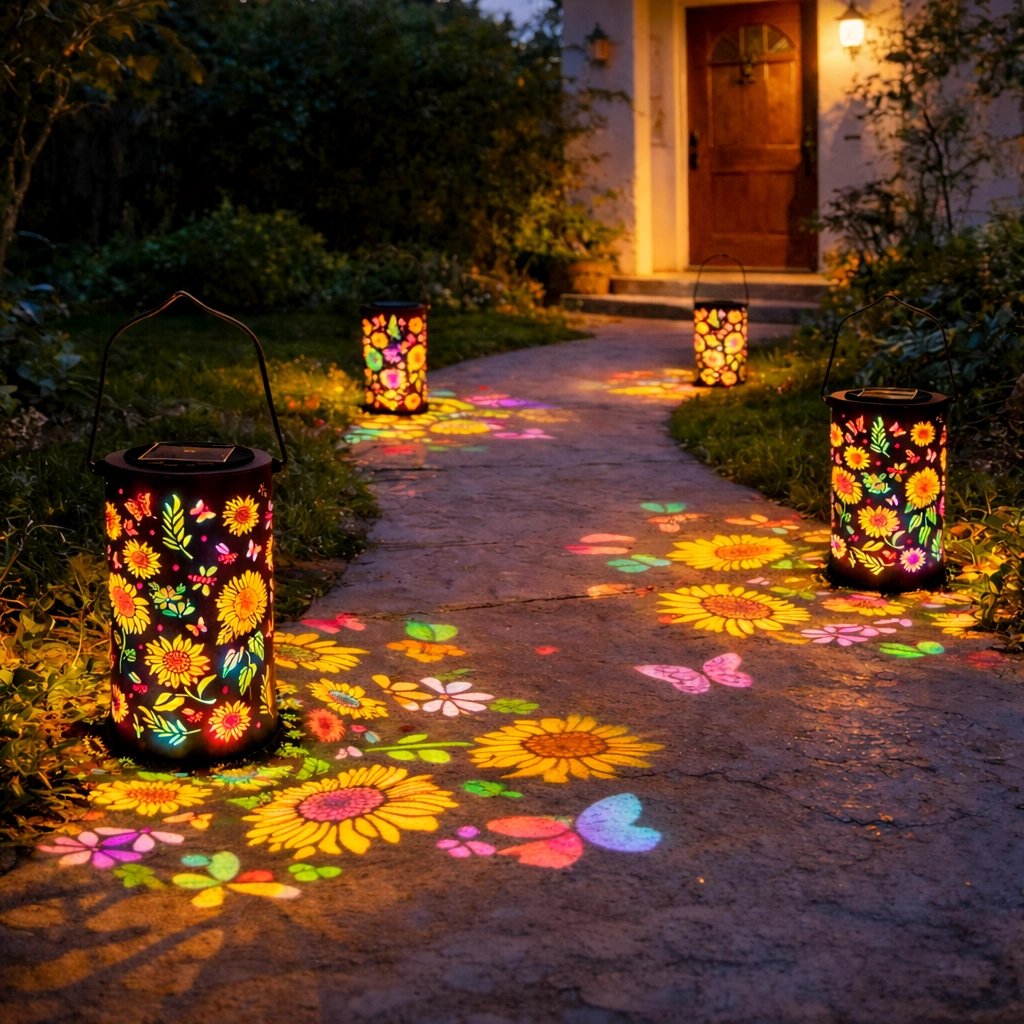 Lanterne solaire en métal, design floral. Projette une lumière douce pour une ambiance chaleureuse en extérieur.