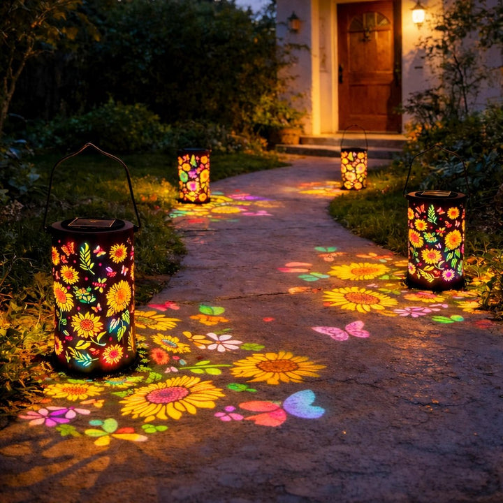 Lanterne solaire en métal, design floral. Projette une lumière douce pour une ambiance chaleureuse en extérieur.