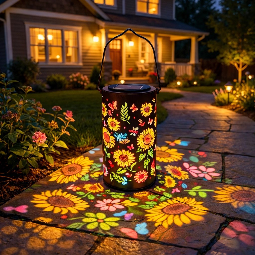 Lanterne solaire autonome sans fil, motifs floraux projetés. Décoration élégante pour extérieur et patio.