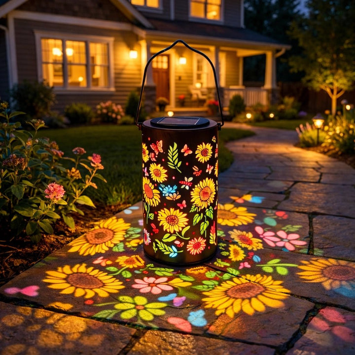 Lanterne solaire autonome sans fil, motifs floraux projetés. Décoration élégante pour extérieur et patio.