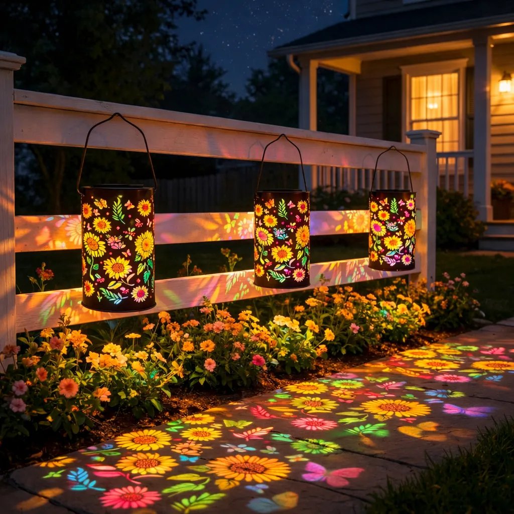 Lanterne solaire décorative en métal avec projection de tournesol. Sublime pour jardin, balcon la nuit.