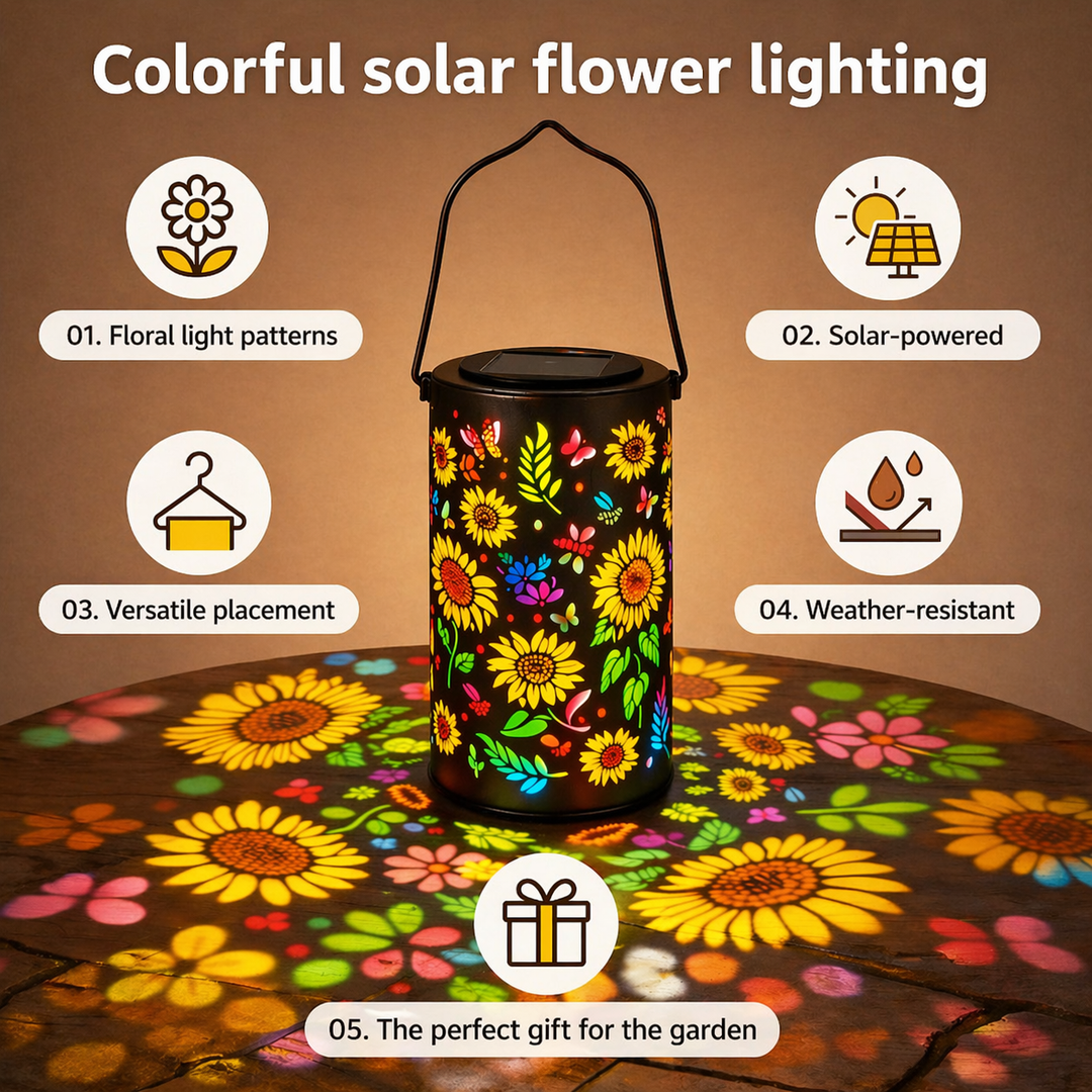 Créez une ambiance féerique avec cette lanterne solaire métallique. Motifs floraux lumineux jardin/balcon.