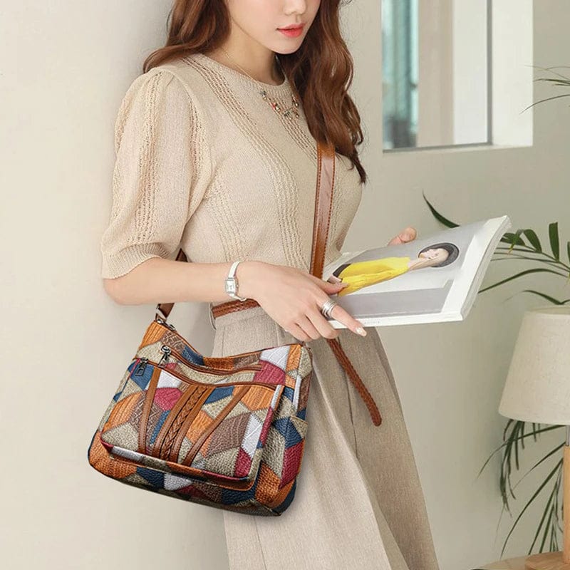 Sac à main femme en patchwork mosaïque de cuir synthétique, style tendance et élégant.