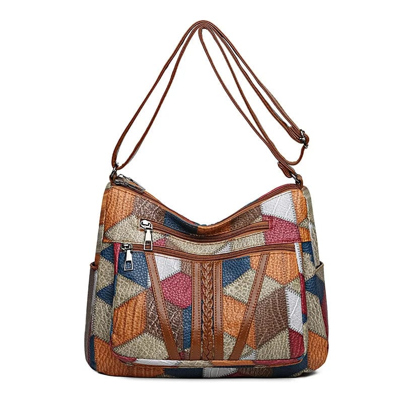 Détail du sac à main femme: motif mosaïque élégant en cuir synthétique, accessoire unique.