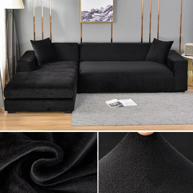 Housse de canapé en velours doux, extensible. Idéale pour relooker et protéger votre canapé d'angle.