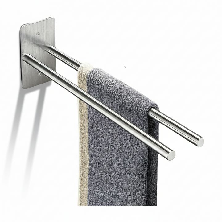 Porte-serviettes double, acier inoxydable argenté, fixation murale robuste.