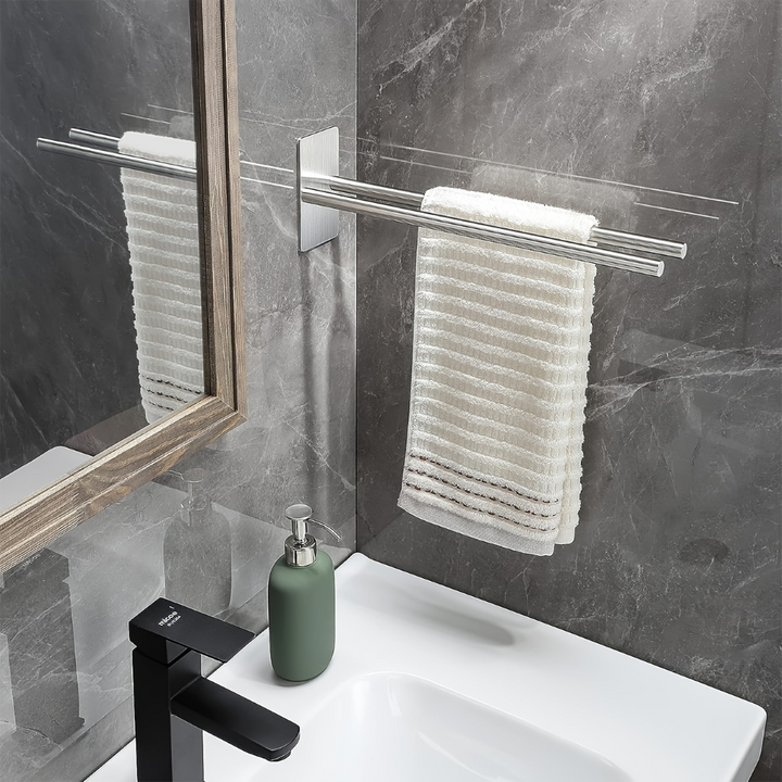 Support serviettes double barre noir mat, fixation murale, design contemporain.