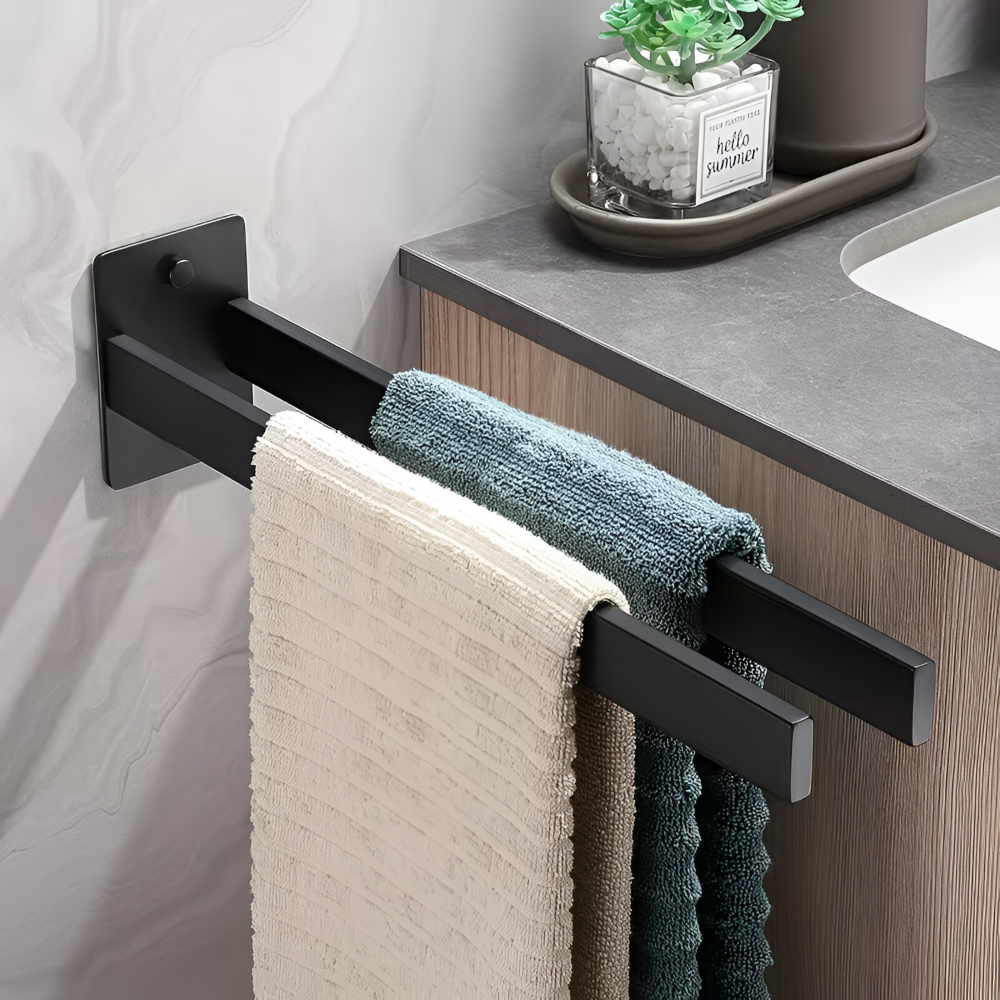 Porte-serviettes design moderne, noir mat, double barre pour salle de bain.