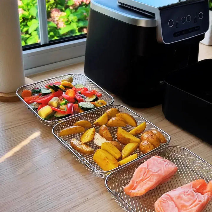 Panier friteuse à air 3 niveaux empilable en acier inoxydable pour cuisson saine. Accessoire résistant chaleur.