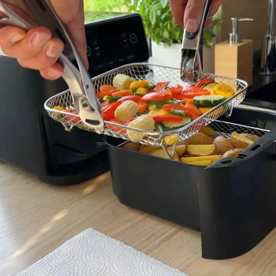 Kit cuisson friteuse à air 3 niveaux pour repas rapides et sains. Gain de temps avec cuisson multiple.