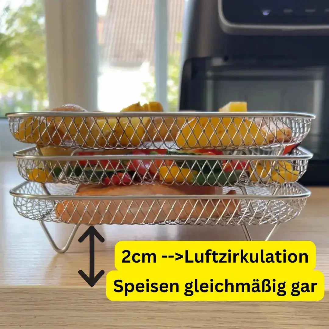 Kit cuisson friteuse à air 3 niveaux. Préparez des repas variés, rapides et sains avec cet ustensile.