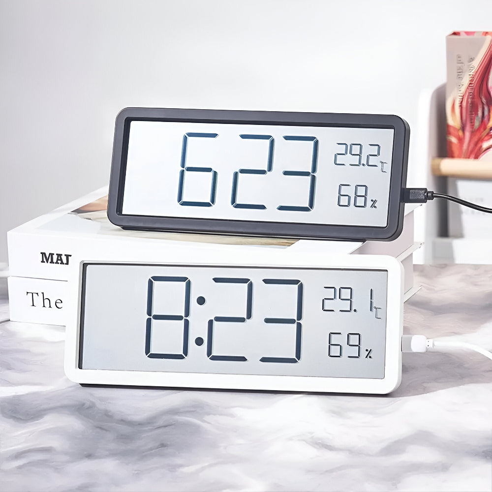 Horloge murale LED numérique moderne affichant l'heure, la température et l'humidité, parfaite pour salon ou bureau.