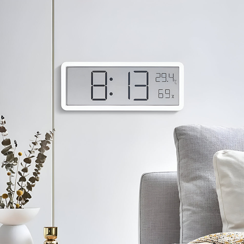 Horloge murale LED électronique pour bureau ou chambre, affiche heure, température et humidité numérique. Design moderne.