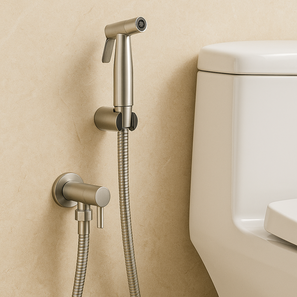 Douchette bidet en acier inox avec jet puissant, idéale pour l'hygiène personnelle et le confort en salle de bain.